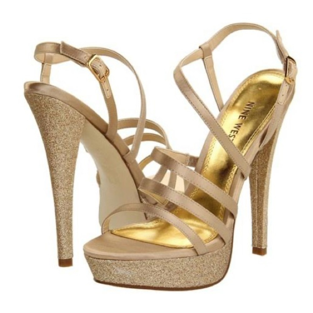 Nine West Gold glitter Platform heels sandals prom homecoming NYE party gala